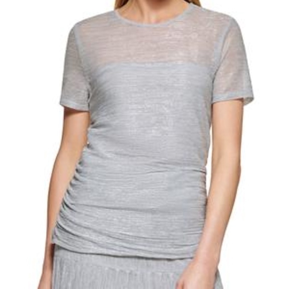 DKNY Womens Small Pullover Knit Top Metallic Silver Mesh Sheer Neck Short Sleev